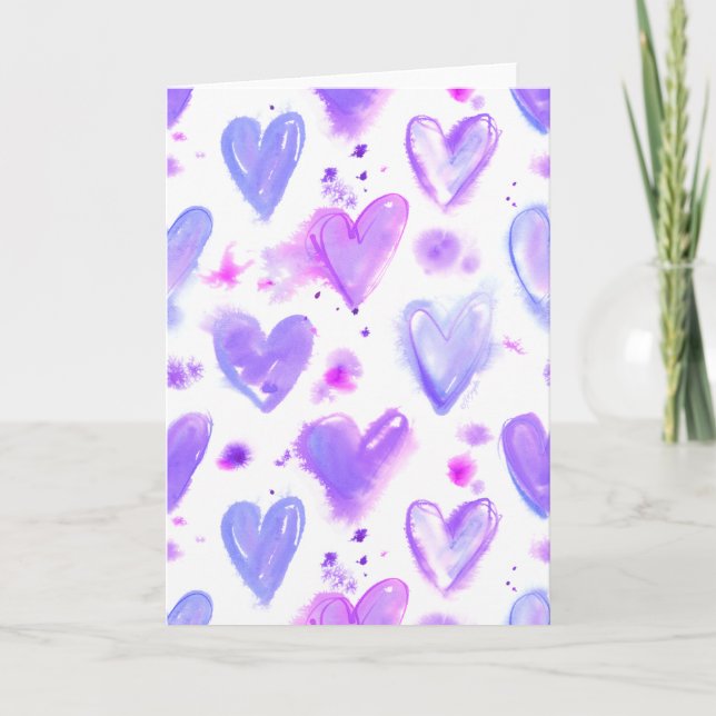 Purple Passion Watercolor Hearts Holiday Card (Front)
