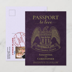 Purple Passport Cute Fun Wedding Save the Date Announcement Postcard
