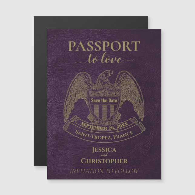Purple Passport Destination Wedding Save the Date Magnetic Invitation (Front/Back)