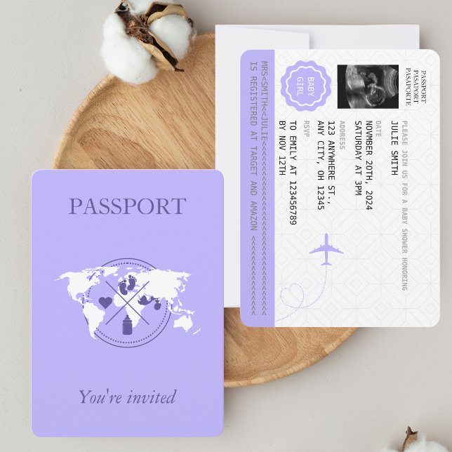 Purple Passport Travel Girl Baby Shower World Map  Invitation (Creator Uploaded)