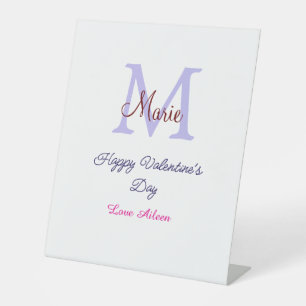Purple pastel happy Valentine's day pink monogram Pedestal Sign