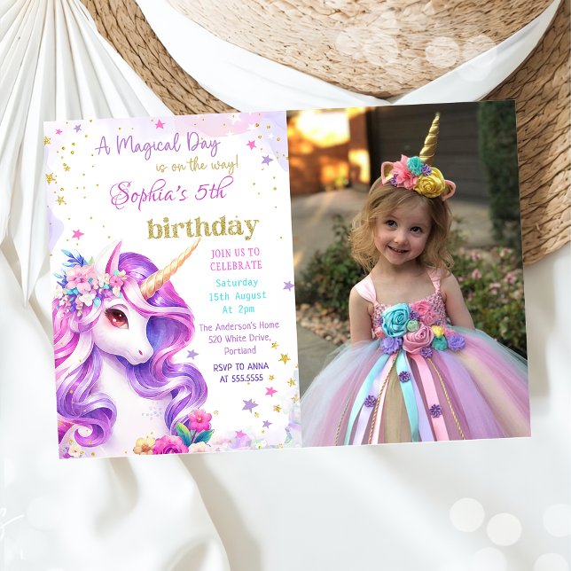 Purple Pastel Magical Unicorn Birthday Photo Invitation (Creator Uploaded)
