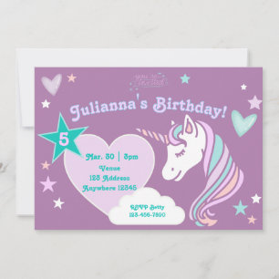 Purple Pastel Unicorn Stars and Hearts Birthday Invitation
