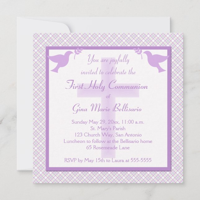 Purple, Pastels & Plaid First Communion Invitation (Front)