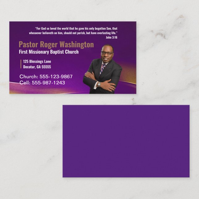 Purple Pastor or Deacon Photo Church Business Card (Front/Back)