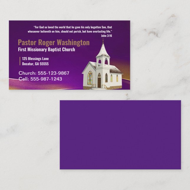 Purple Pastor or Deacon Photo Church Business Card (Front/Back)