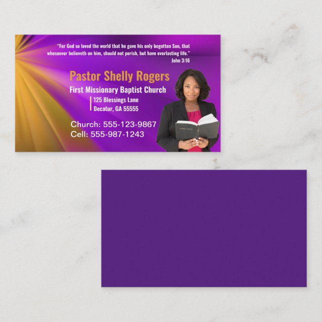 Purple Pastor or Deacon Photo Church Business Card (Front/Back)