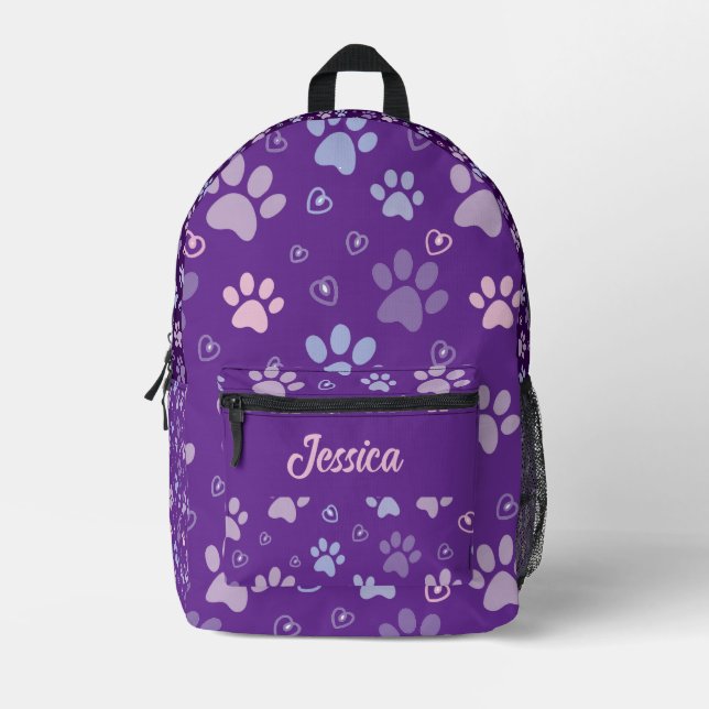 Purple Paw Print Backpack with Custom Name  (Front)