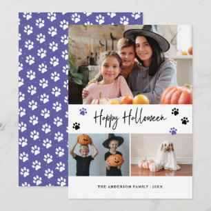 Purple Paw Print Pet Photo Happy Halloween Card