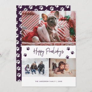 Purple Paw Print Photo Collage Happy Pawlidays Pet Holiday Card
