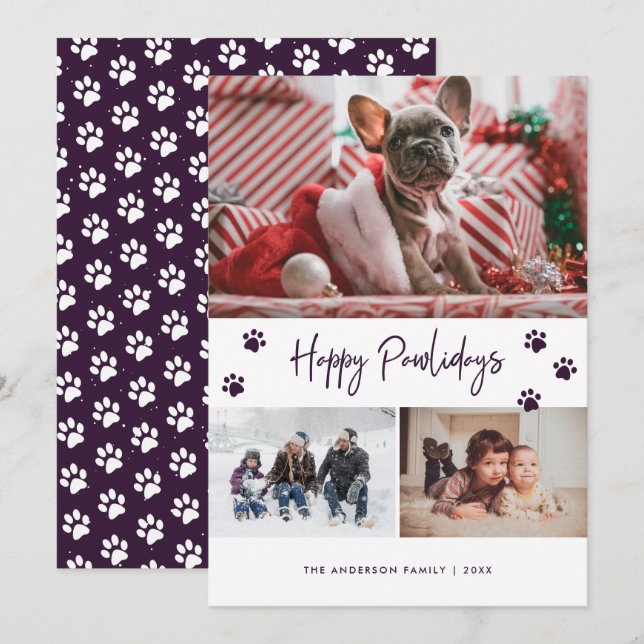Purple Paw Print Photo Collage Happy Pawlidays Pet Holiday Card (Front/Back)