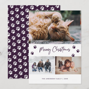 Purple Paw Print Photo Collage Meowy Christmas Pet Holiday Card