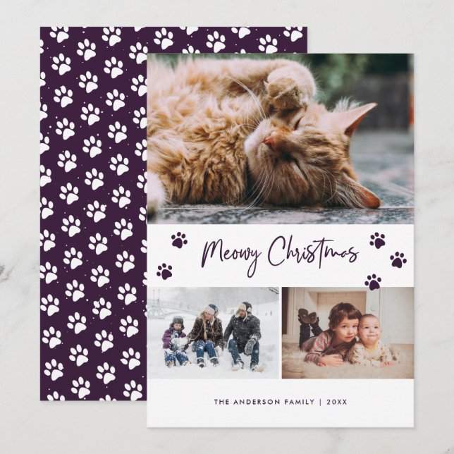 Purple Paw Print Photo Collage Meowy Christmas Pet Holiday Card (Front/Back)