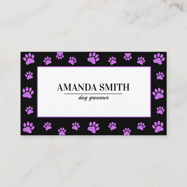 Purple Paw Prints Black Dog Groomer Business Card (Front)
