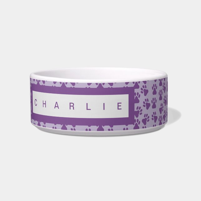 Purple Pawprints Personalised Dog Bowl (Front)