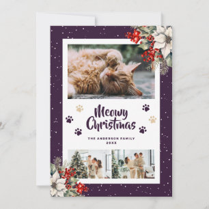 Purple Paws Snow Poinsettia Photo Christmas Card