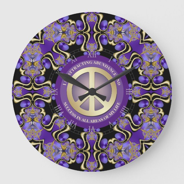 Purple PEACE Affirmation Mandala Large Clock (Front)
