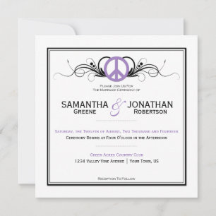 Purple Peace Sign Black Swirls White Wedding Invitation