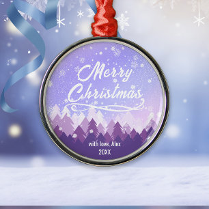 Purple Peaceful Snow Forest Merry Christmas Metal Tree Decoration
