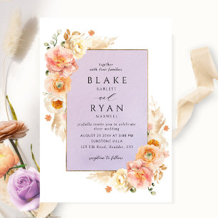 Purple, Peach Blush and Cream Floral Chic Wedding  Invitation