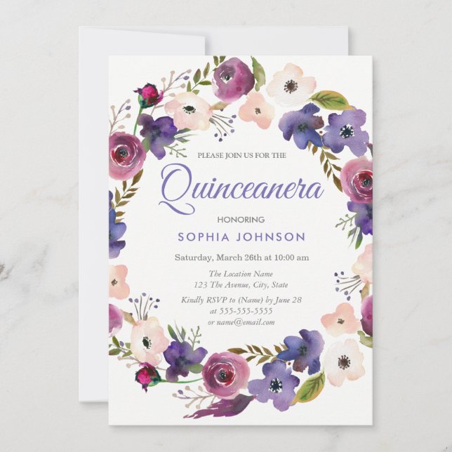 Purple Peach Burgundy Wreath Floral Quinceanera Invitation (Front)