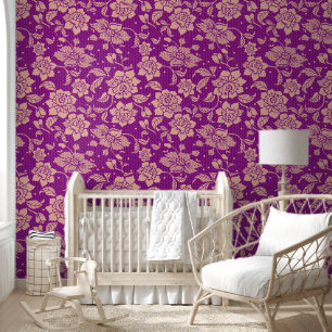 Purple peach colour floral flower peel and stick wallpaper