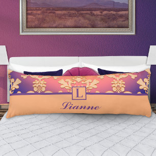 Purple Peach Damask Monogram Personalised Name Body Cushion