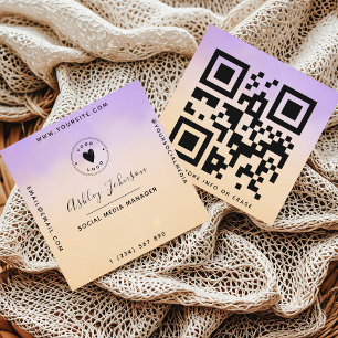 Purple & Peach Dreamy QR Code & Cute Logo Modern Square Business Card
