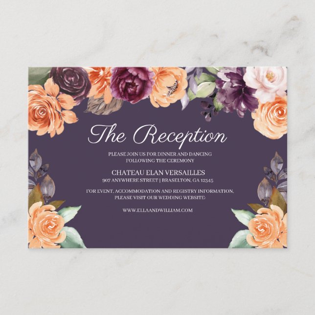 Purple Peach Fall Wedding Reception Enclosure Card (Front)