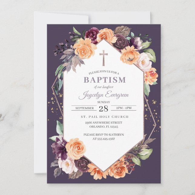 Purple Peach Floral Fall Baptism Invitation (Front)