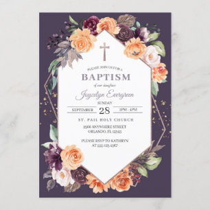 Purple Peach Floral Fall Baptism Invitation