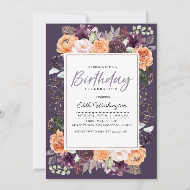 Purple Peach Floral Fall Birthday Invitation (Front)