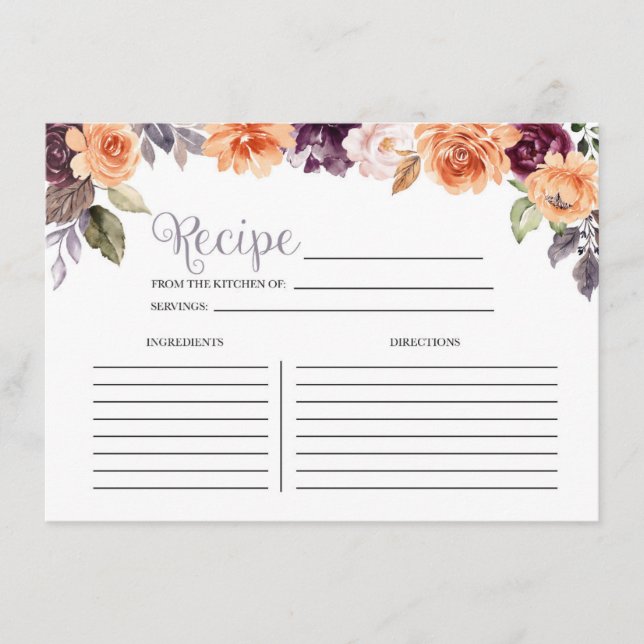 Purple Peach Floral Fall Bridal Shower Recipe Card (Front)