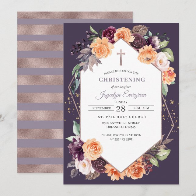 Purple Peach Floral Fall Christening Invitation (Front/Back)