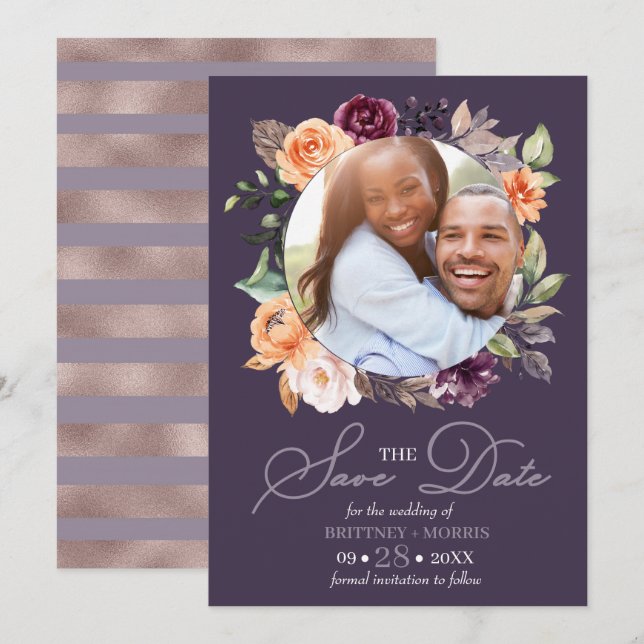 Purple Peach Floral Fall Save The Date Wedding Invitation (Front/Back)