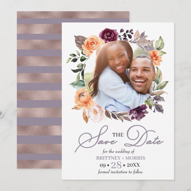 Purple Peach Floral Fall Save The Date Wedding Invitation (Front/Back)