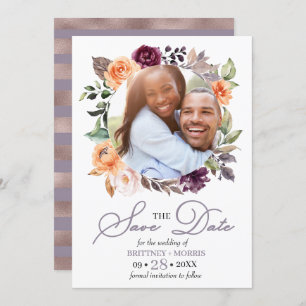 Purple Peach Floral Fall Save The Date Wedding Invitation