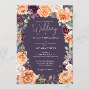 Purple Peach Floral Fall Wedding Invitation