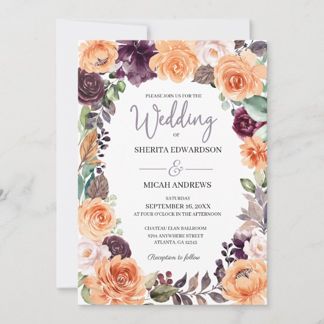 Purple Peach Floral Fall Wedding Invitation (Front)