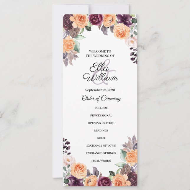 Purple Peach Floral Fall Wedding Program Invitation (Front)