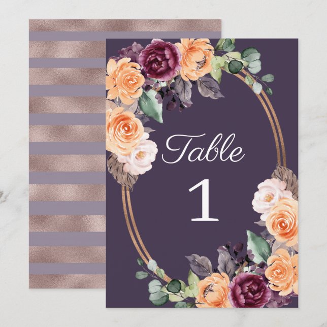 Purple Peach Floral Fall Wedding Table Number (Front/Back)