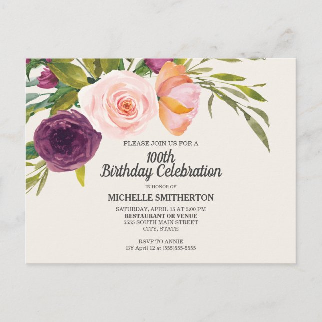 Purple Peach Floral Ivory 100th Birthday Postcard (Front)