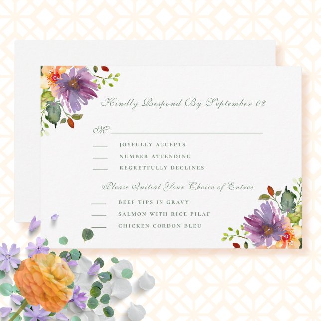 Purple Peach Floral Menu Selection Wedding RSVP  (Creator Uploaded)