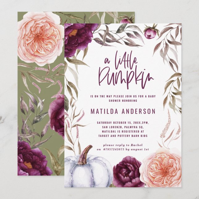 Purple + peach floral, pumpkin fall baby shower (Front/Back)