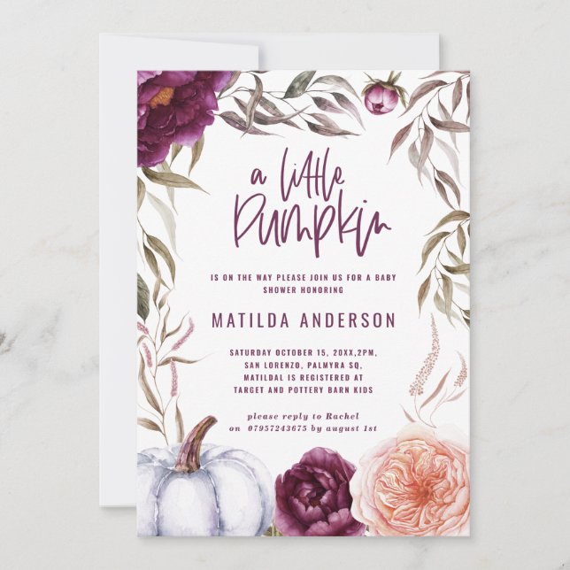 Purple + peach floral, pumpkin fall baby shower (Front)