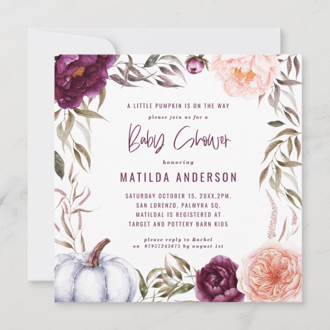 Purple + peach floral, pumpkin fall baby shower (Front)