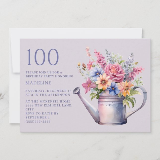 Purple Peach Floral Watering Can 100th Birthday Invitation (Front)