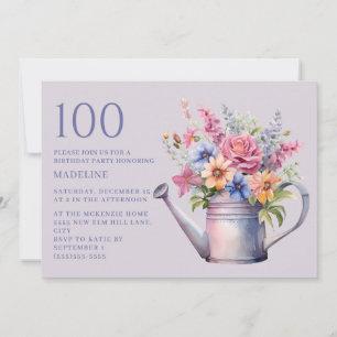 Purple Peach Floral Watering Can 100th Birthday Invitation