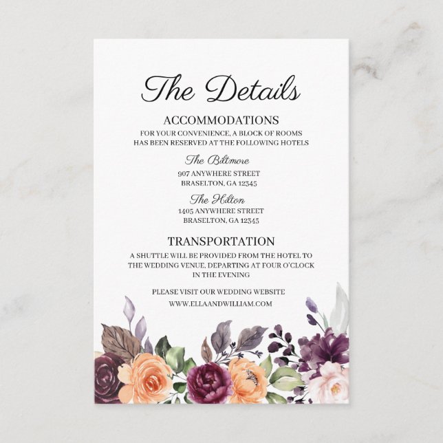 Purple Peach Floral Wedding Details Enclosure Card (Front)