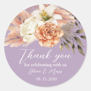 Purple Peach Floral Wedding Thank You Classic Round Sticker